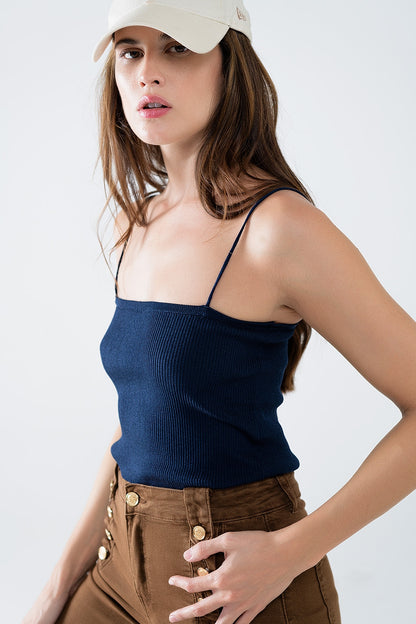 Navy Square-Neck Knit Tank