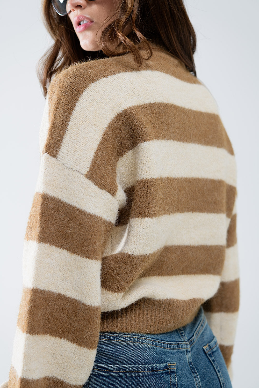 Beige Chunky Knit Striped Turtleneck Sweater