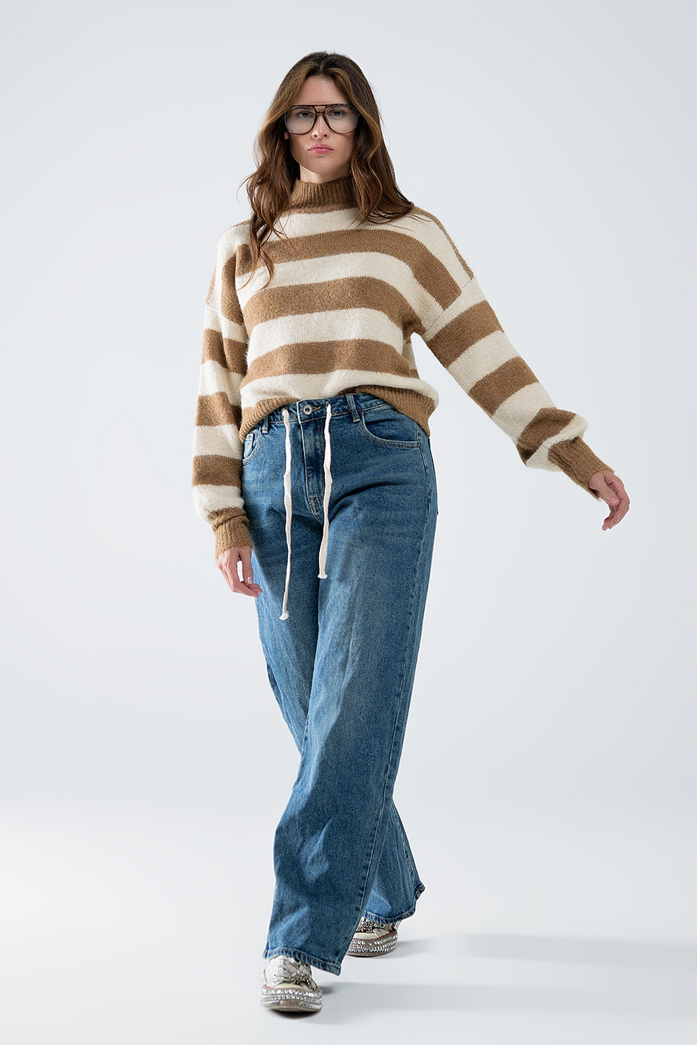 Beige Chunky Knit Striped Turtleneck Sweater