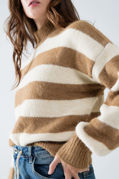 Beige Chunky Knit Striped Turtleneck Sweater