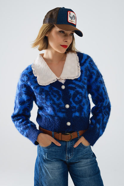 Leopard Luxe Cropped Cardigan - Blue