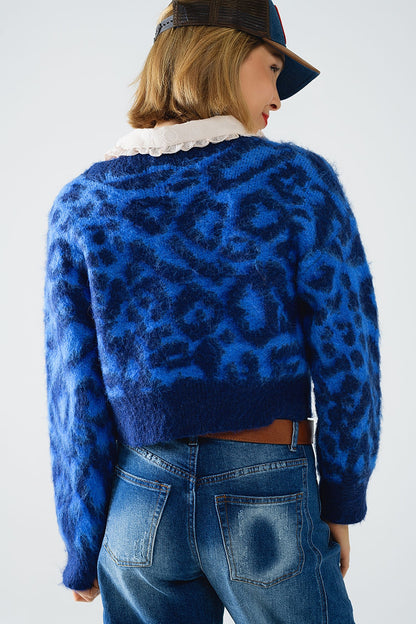 Leopard Luxe Cropped Cardigan - Blue