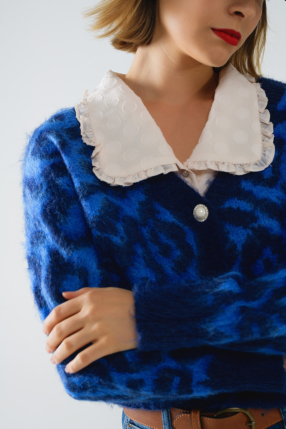 Leopard Luxe Cropped Cardigan - Blue