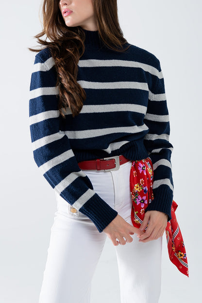 Navy & Grey Striped High Neck Sweater