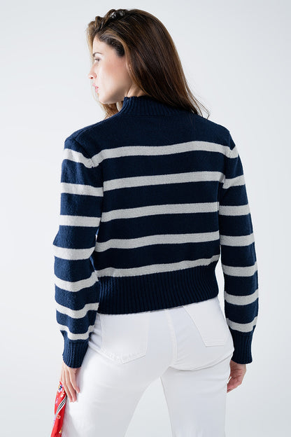 Navy & Grey Striped High Neck Sweater