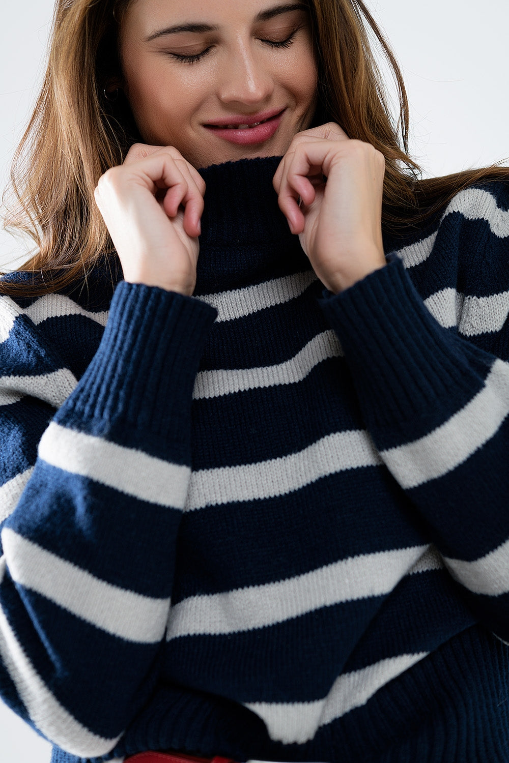 Navy & Grey Striped High Neck Sweater