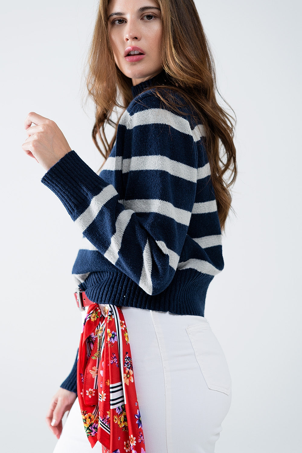 Navy & Grey Striped High Neck Sweater