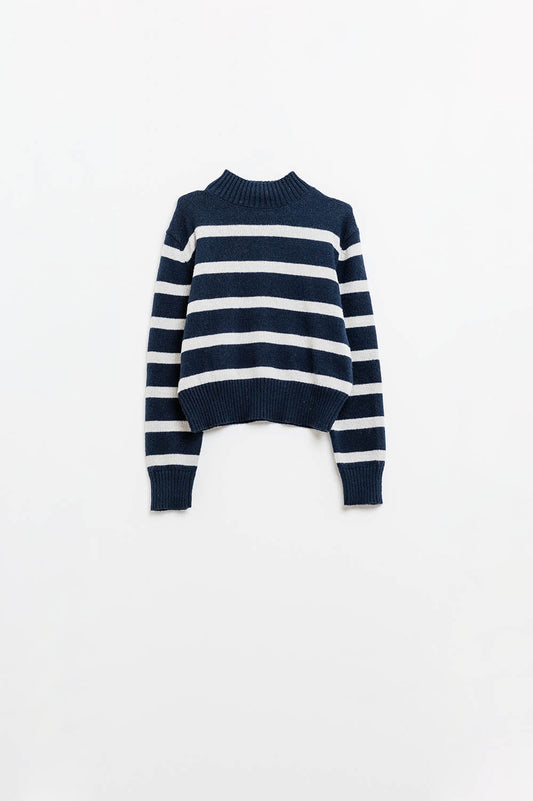 Navy & Grey Striped High Neck Sweater