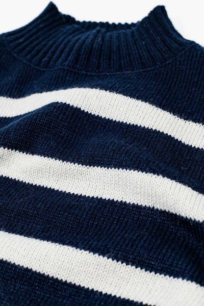 Navy & Grey Striped High Neck Sweater