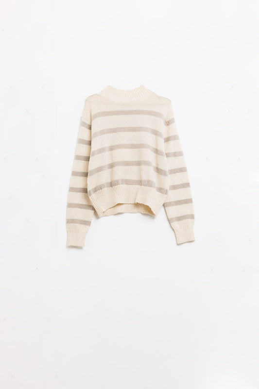 Beige & Cream Striped High Neck Sweater