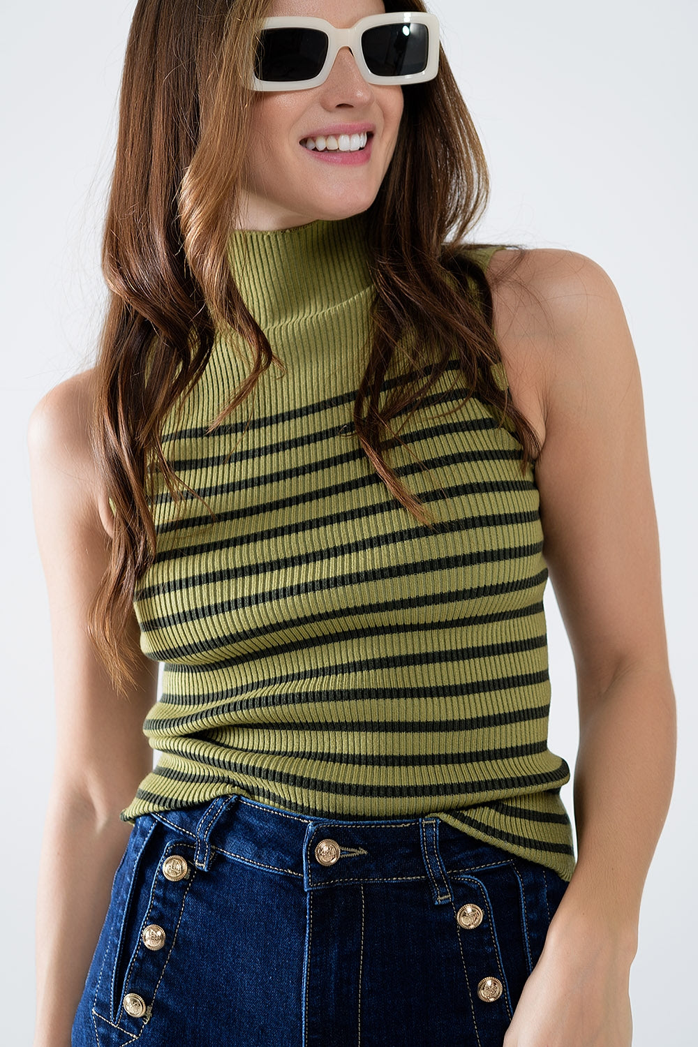 Olive Striped Turtleneck Tank