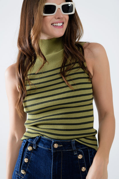 Olive Striped Turtleneck Tank