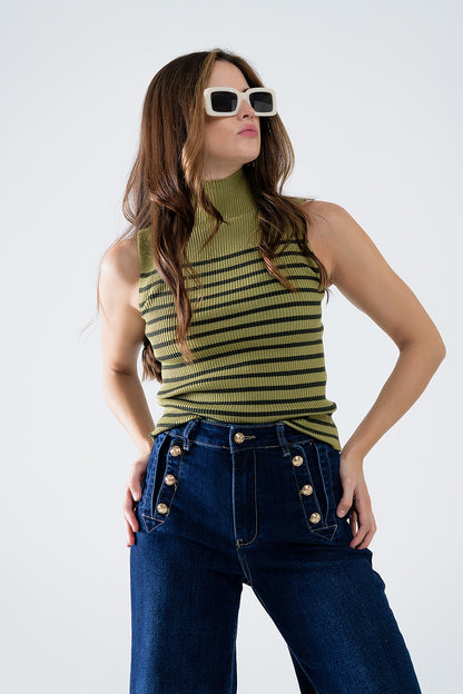 Olive Striped Turtleneck Tank