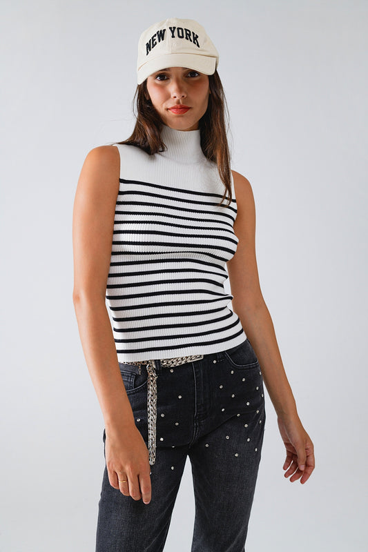 White Striped Turtleneck Tank