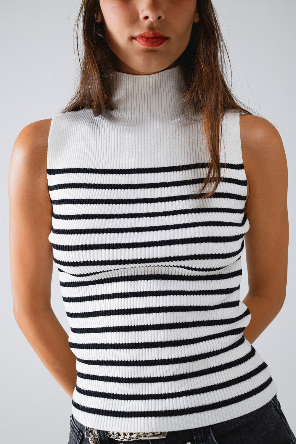 White Striped Turtleneck Tank