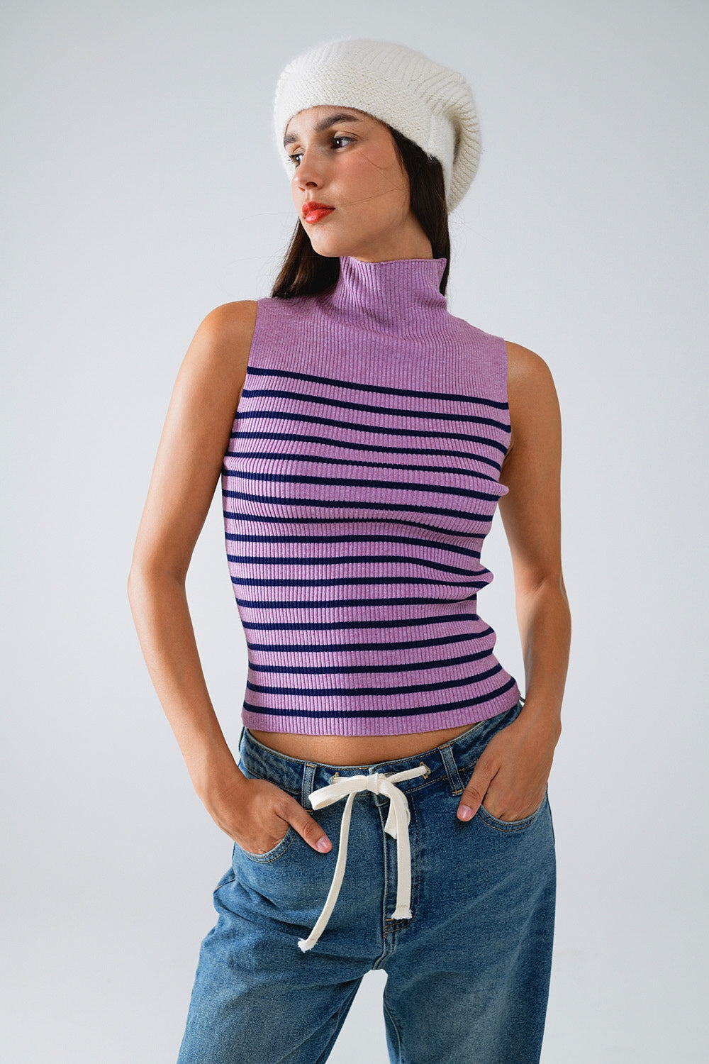 Lavender Striped Turtleneck Tank