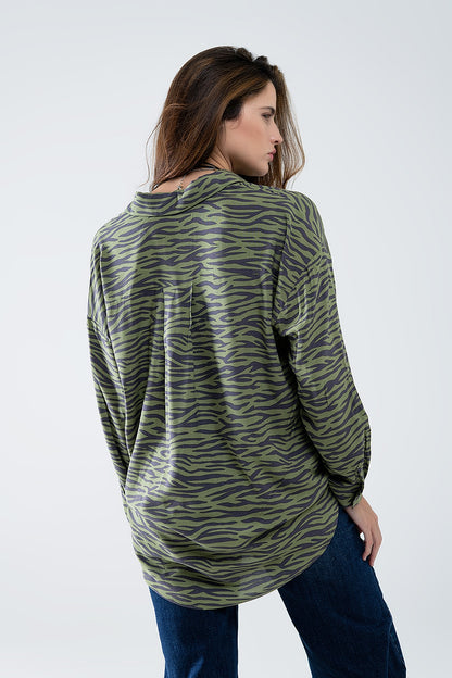 Wild Side Zebra Print Blouse in Forest Green