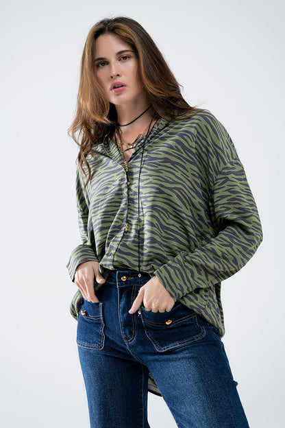 Wild Side Zebra Print Blouse in Forest Green