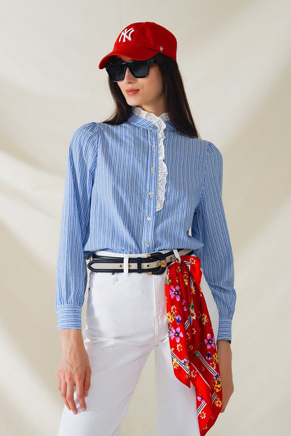 Striped Elegance Lace-Trim Long Sleeve Shirt