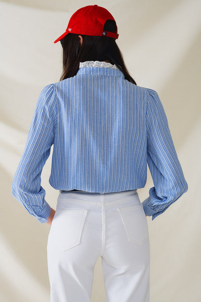 Striped Elegance Lace-Trim Long Sleeve Shirt