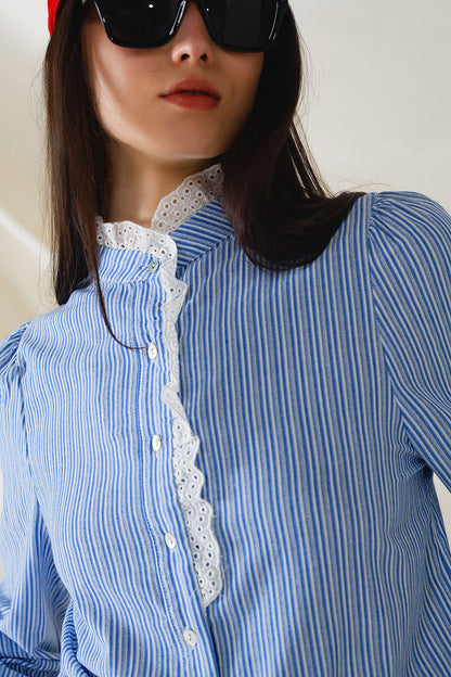 Striped Elegance Lace-Trim Long Sleeve Shirt