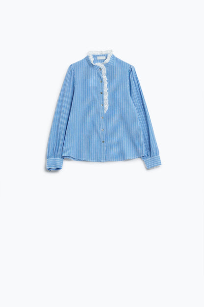 Striped Elegance Lace-Trim Long Sleeve Shirt