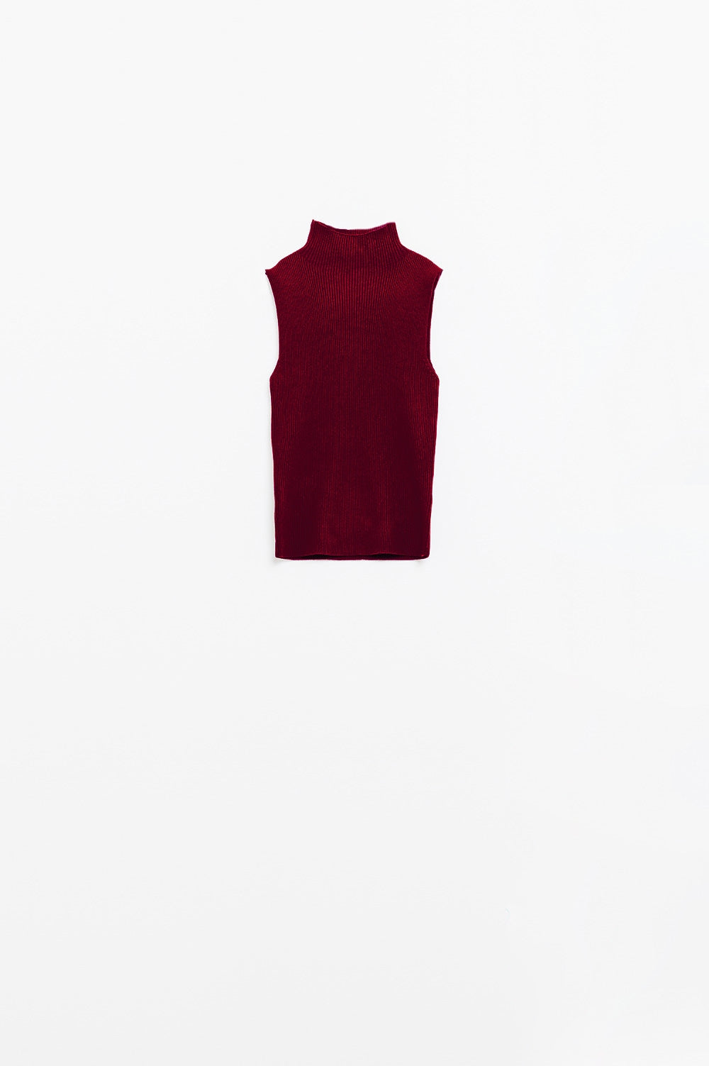 Sleek Burgundy Ribbed Turtleneck Sleeveless Top