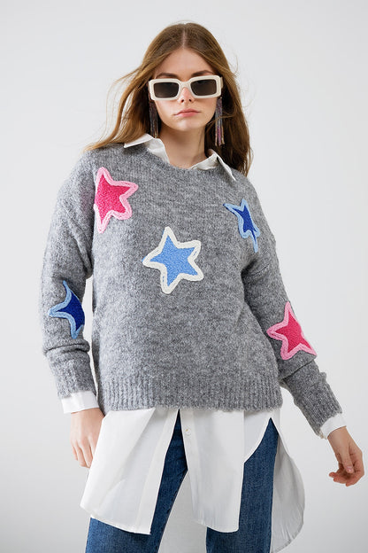 Stellar Charm Embroidered Star Sweater in Grey