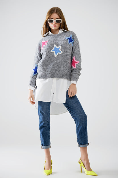 Stellar Charm Embroidered Star Sweater in Grey