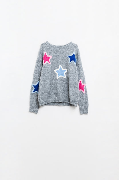 Stellar Charm Embroidered Star Sweater in Grey