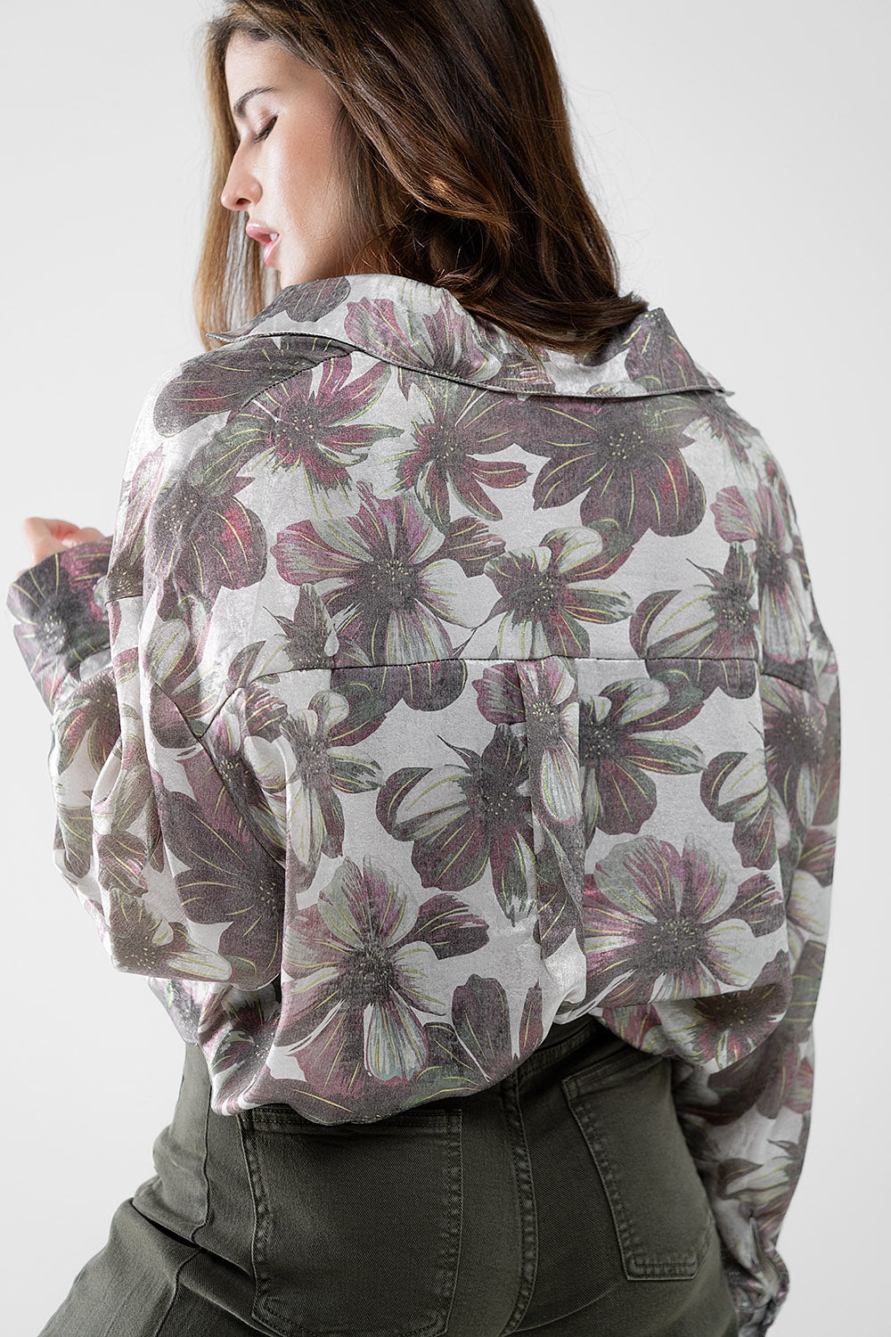 Grey Metallic Floral Print Shirt