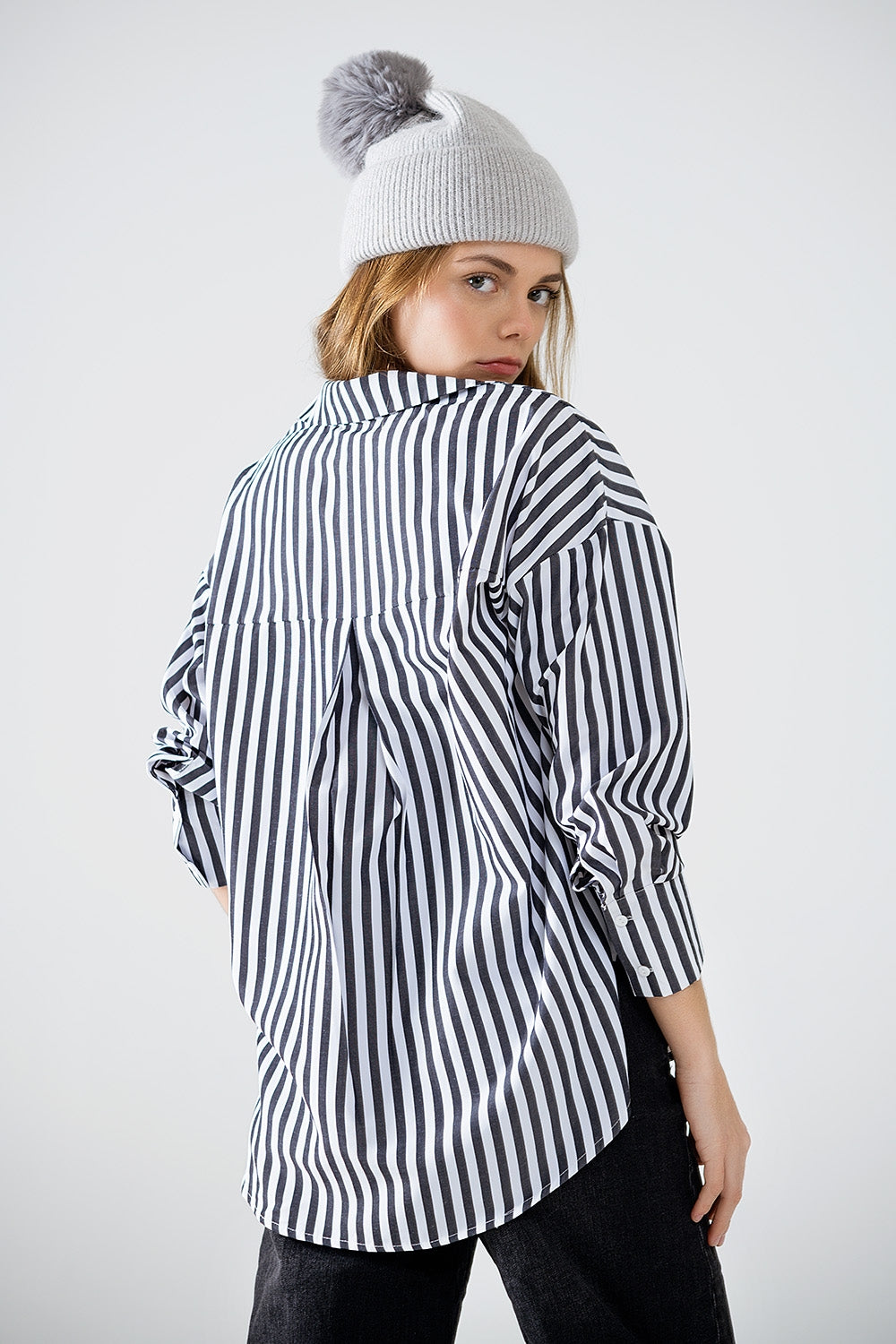 Black Striped Poplin Oversized Shirt