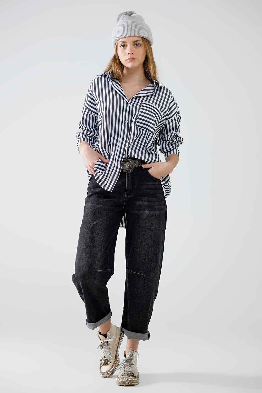 Black Striped Poplin Oversized Shirt