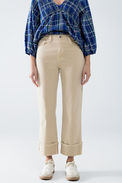 Beige Edge Cropped Straight-Leg Jeans