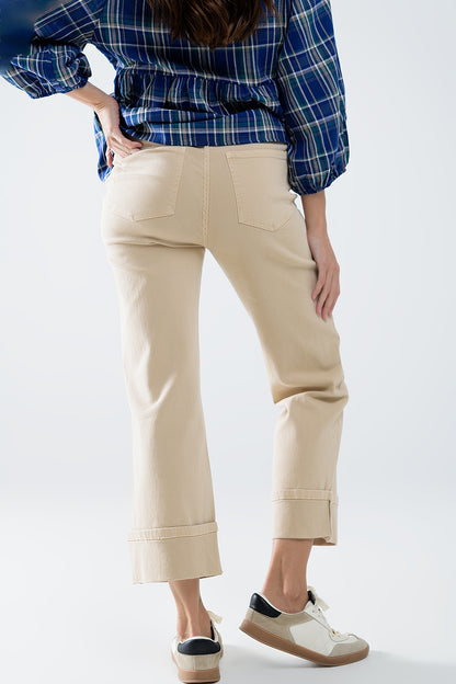 Beige Edge Cropped Straight-Leg Jeans