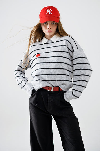 Striped Love Sweater with Red Heart