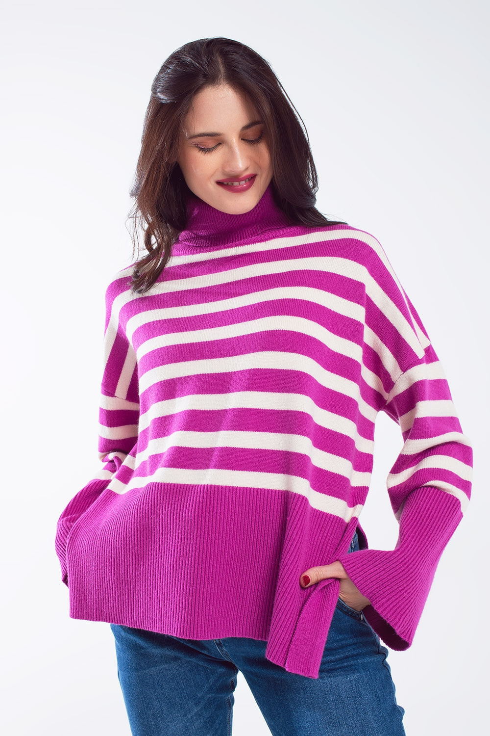 Fuschia Striped Turtleneck Sweater