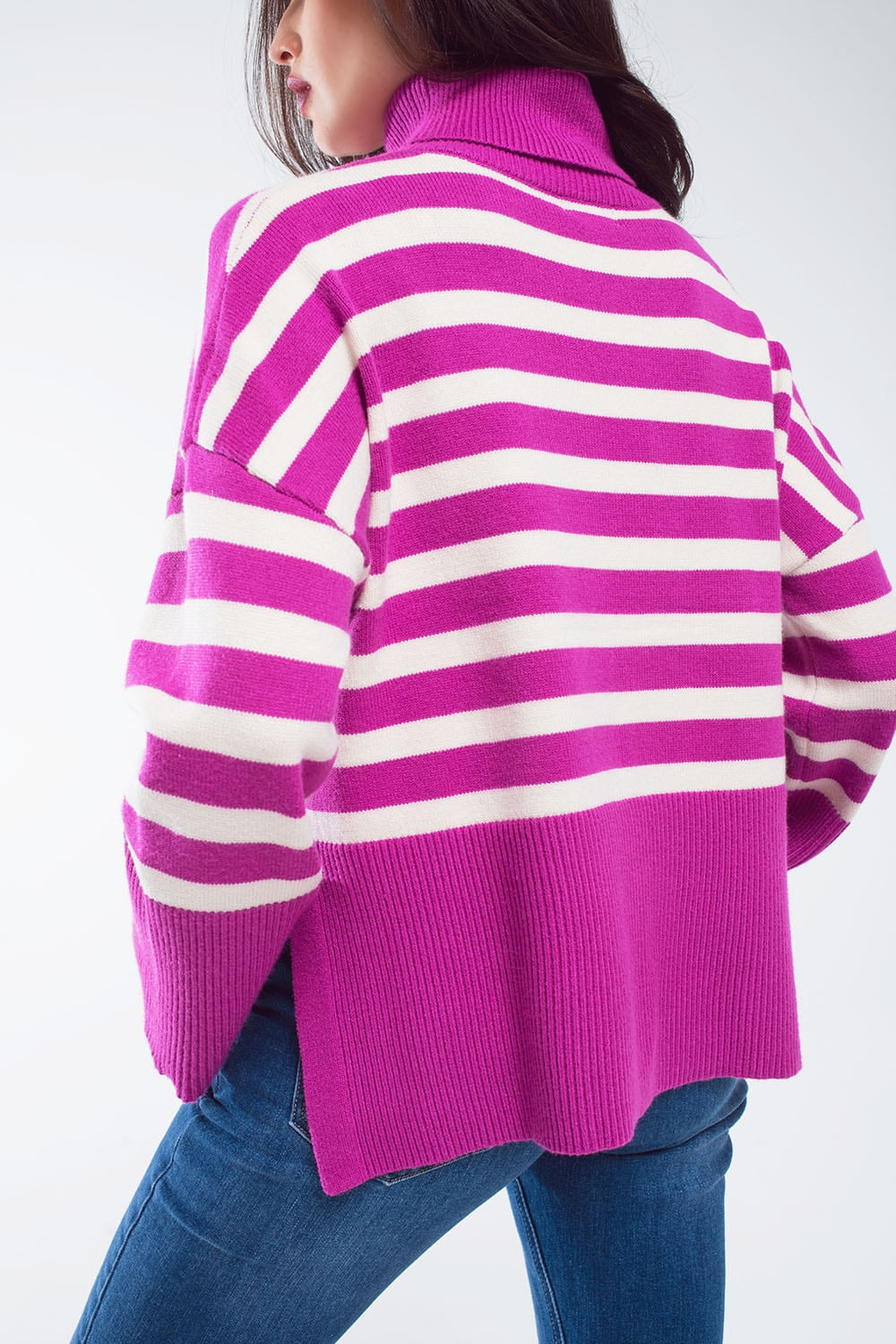 Fuschia Striped Turtleneck Sweater