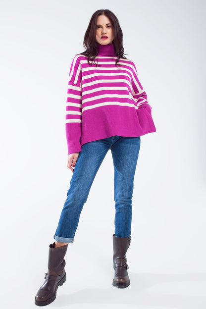 Fuschia Striped Turtleneck Sweater