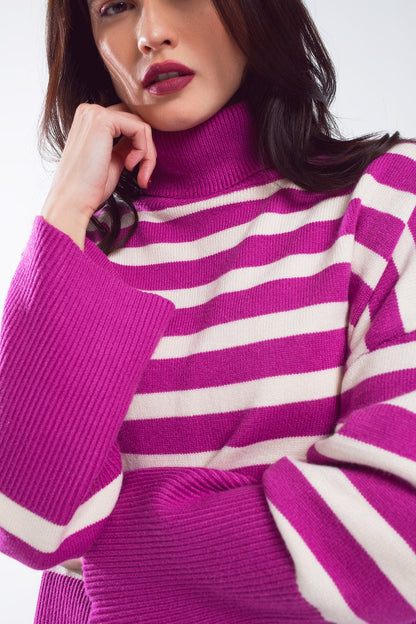 Fuschia Striped Turtleneck Sweater