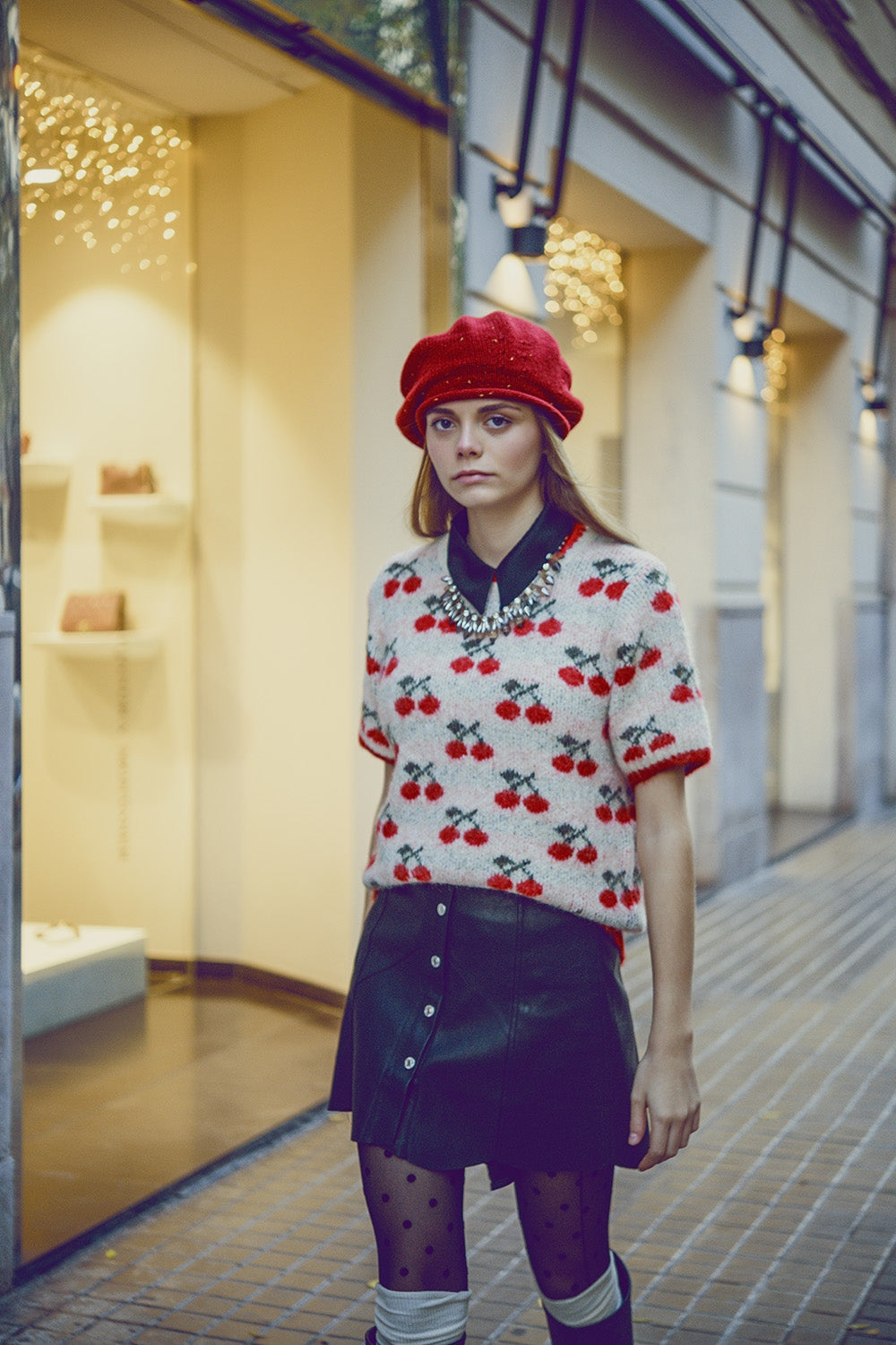 Ecru Sweet Cherry Knit Short Sleeve Tee