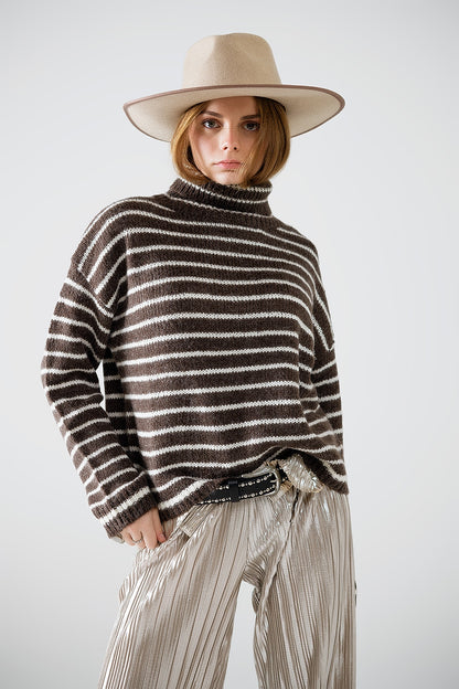 Cozy Stripes Turtleneck Sweater - Brown