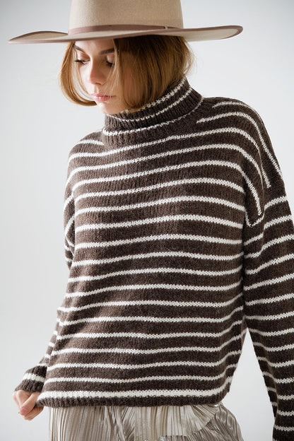 Cozy Stripes Turtleneck Sweater - Brown