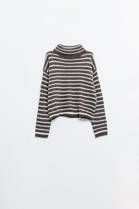 Cozy Stripes Turtleneck Sweater - Brown