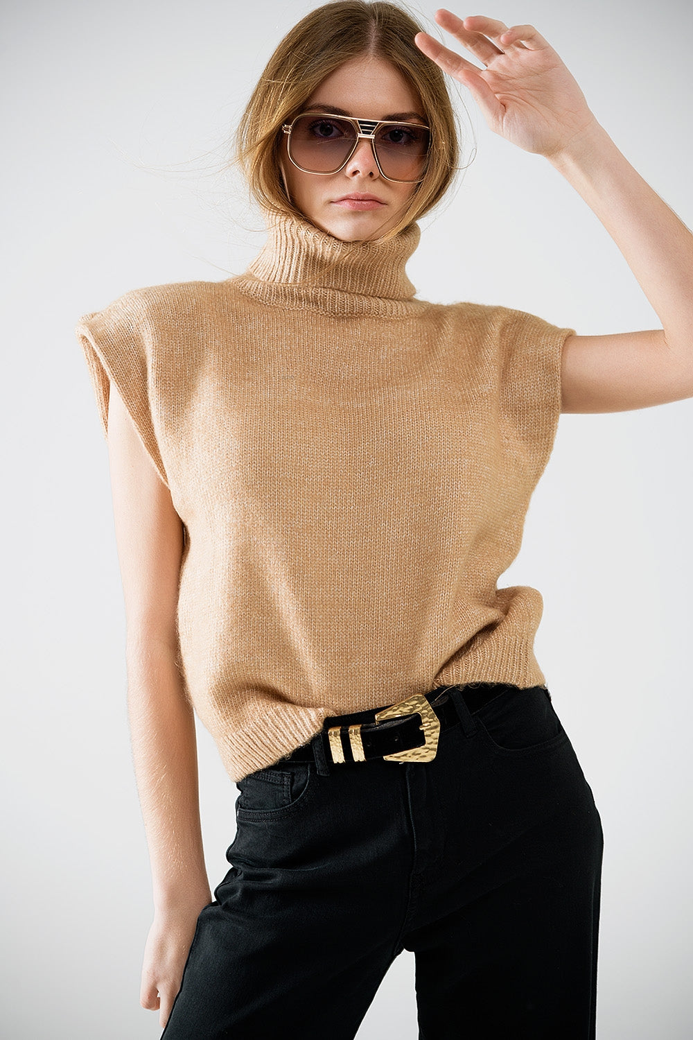 Camel Turtleneck Sleeveless Sweater