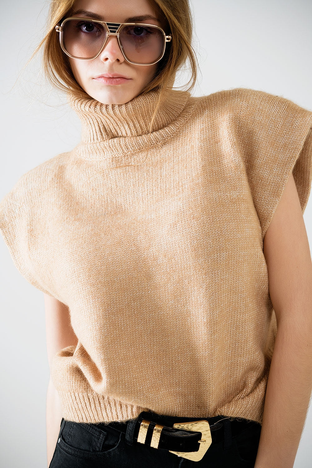 Camel Turtleneck Sleeveless Sweater