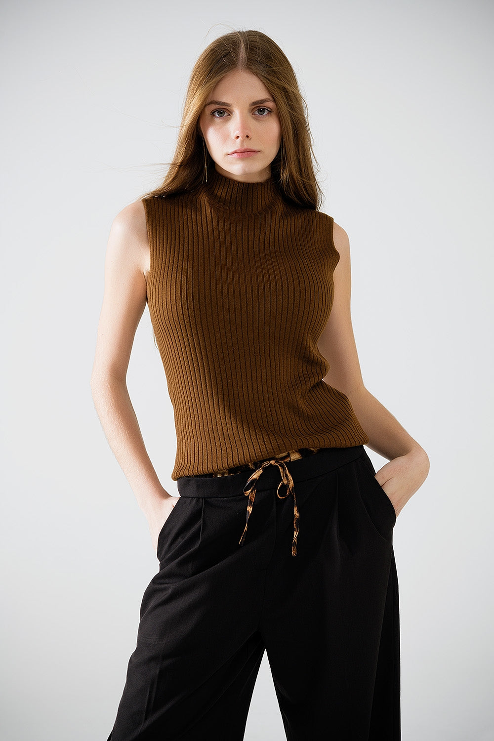 Cozy Luxe Brown Sleeveless Turtleneck Sweater