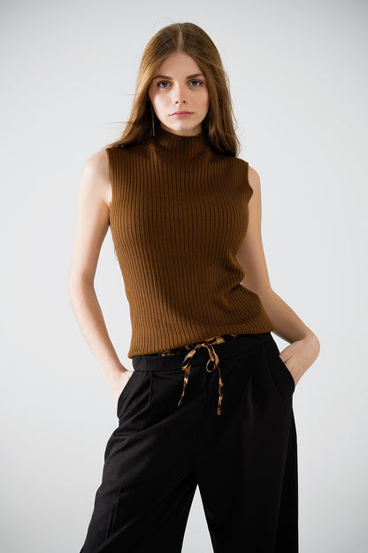 Cozy Luxe Brown Sleeveless Turtleneck Sweater