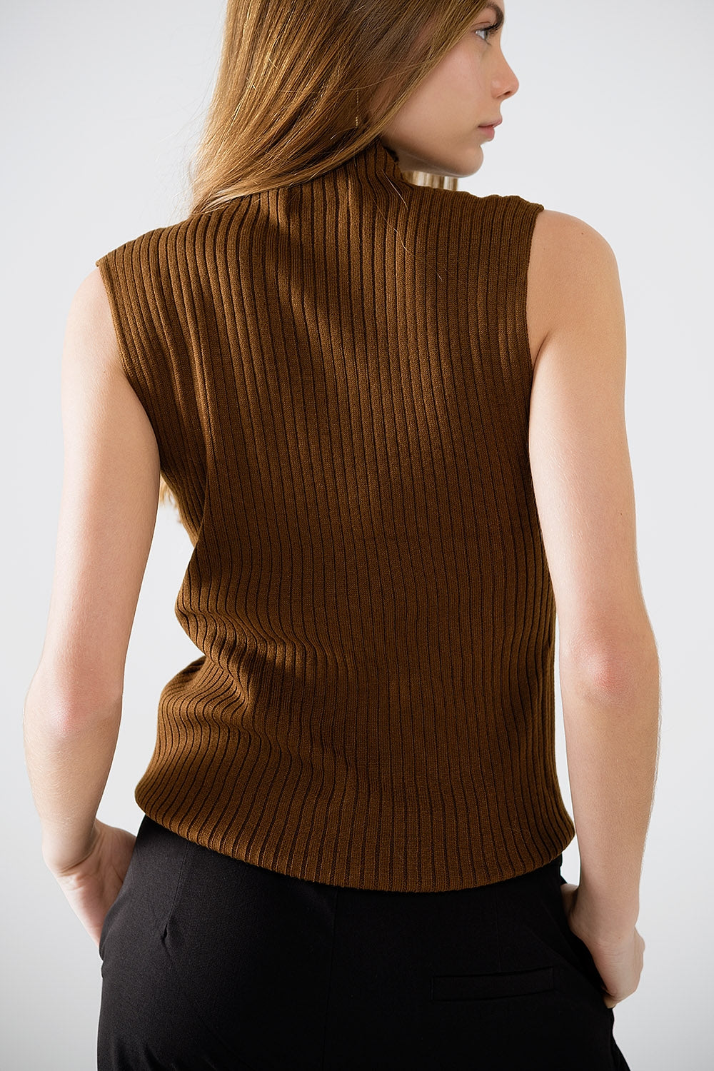 Cozy Luxe Brown Sleeveless Turtleneck Sweater