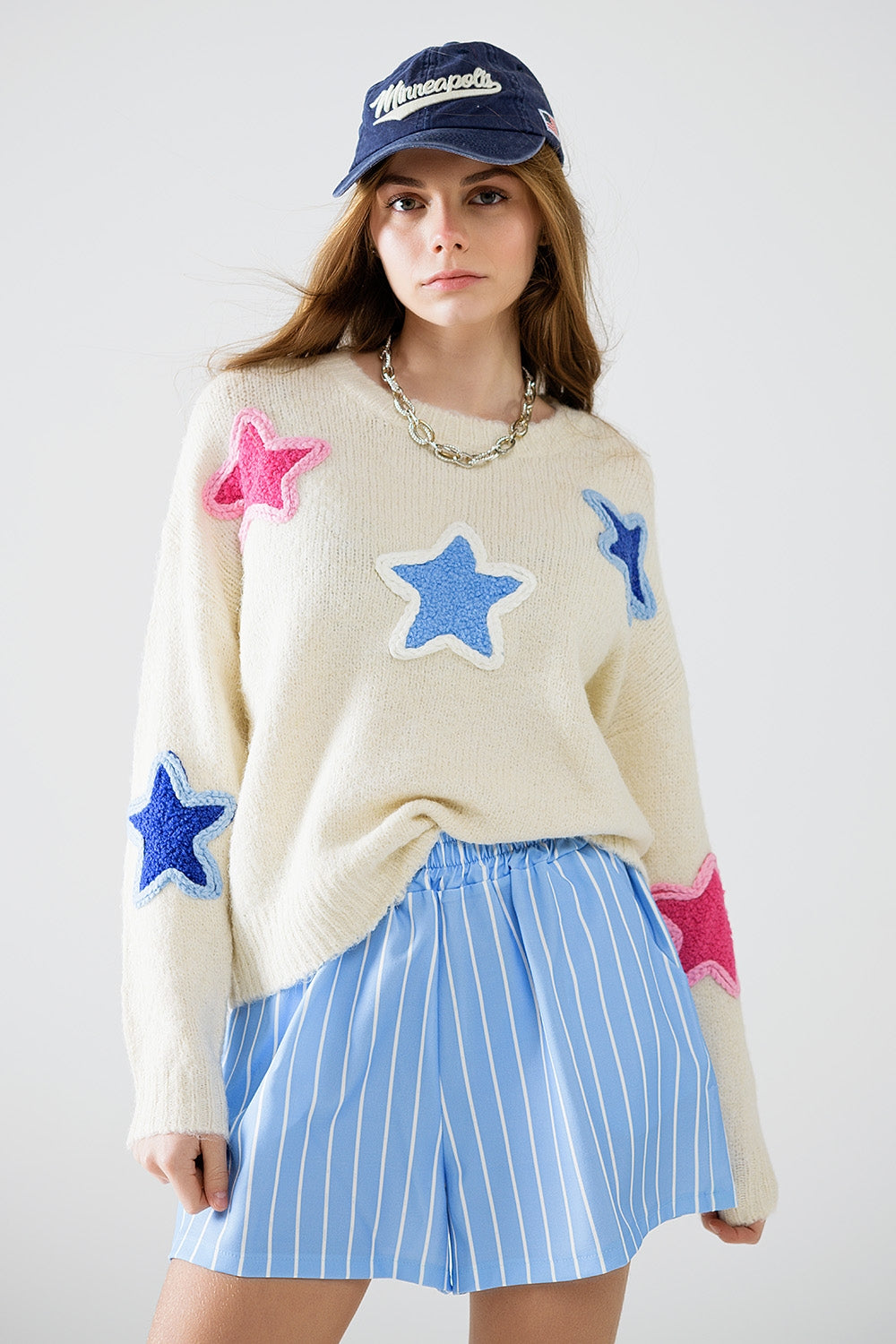 Stellar Charm Embroidered Star Sweater in Cream